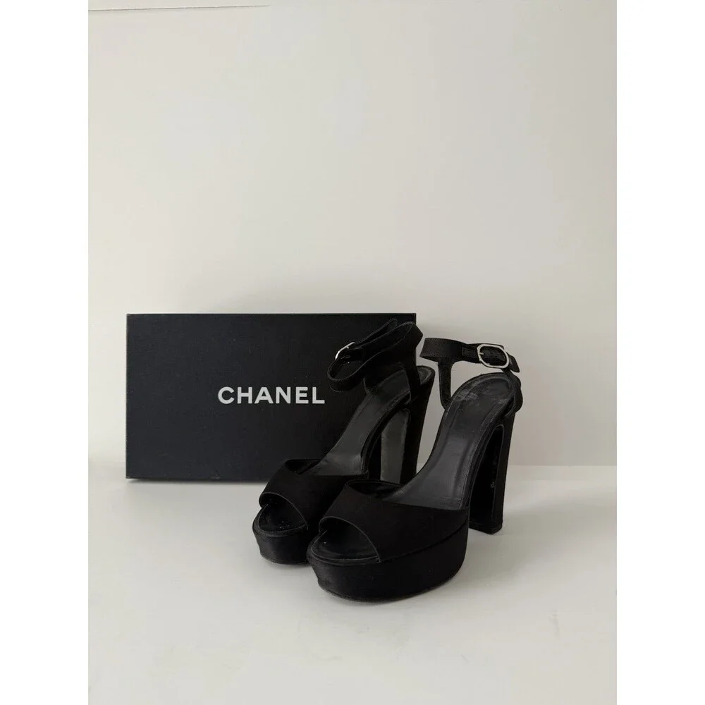 Chanel Black Satin Platform Sandals - Size 39 - With Box